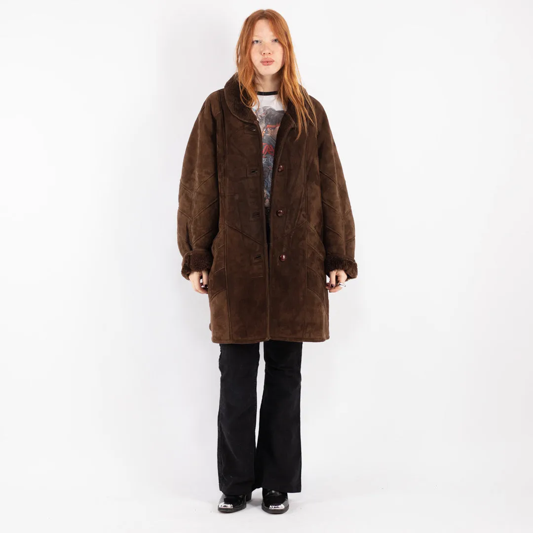 Vintage 80's Women Oversized Sheepskin Coat in Brown