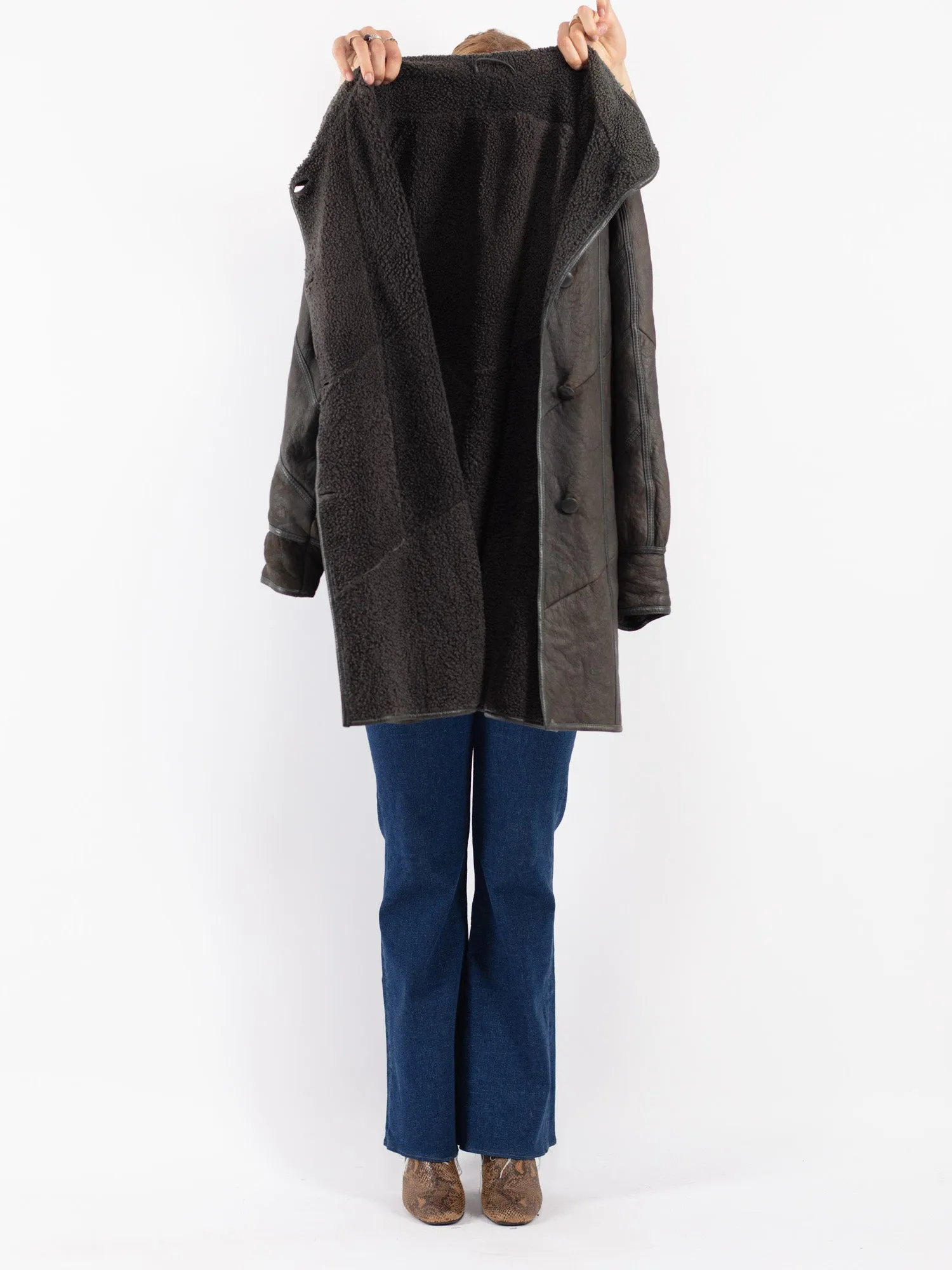 Vintage 80's Women Sheepskin Coat in Gray