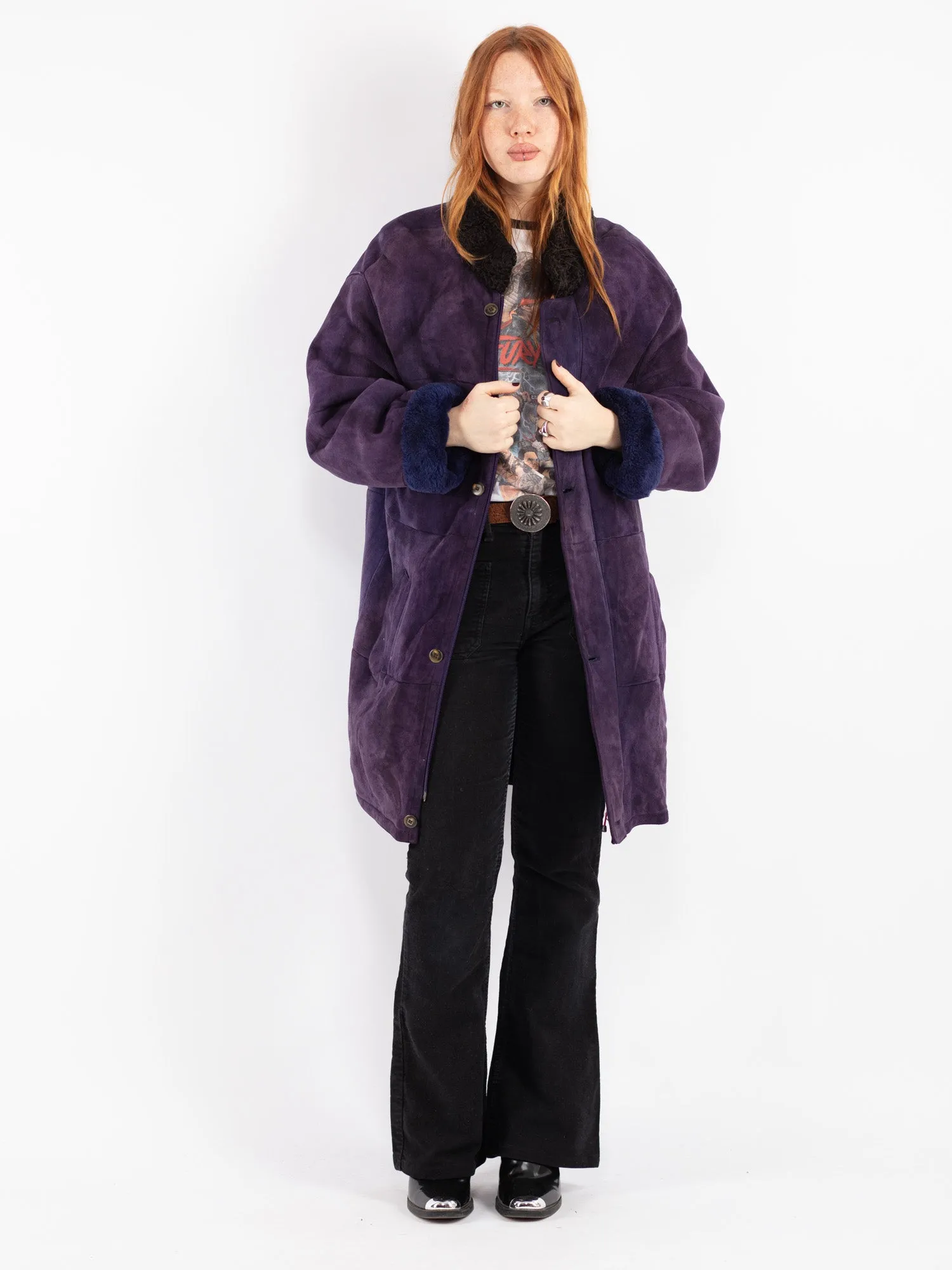 Vintage 80's Women Sheepskin Coat in Purple