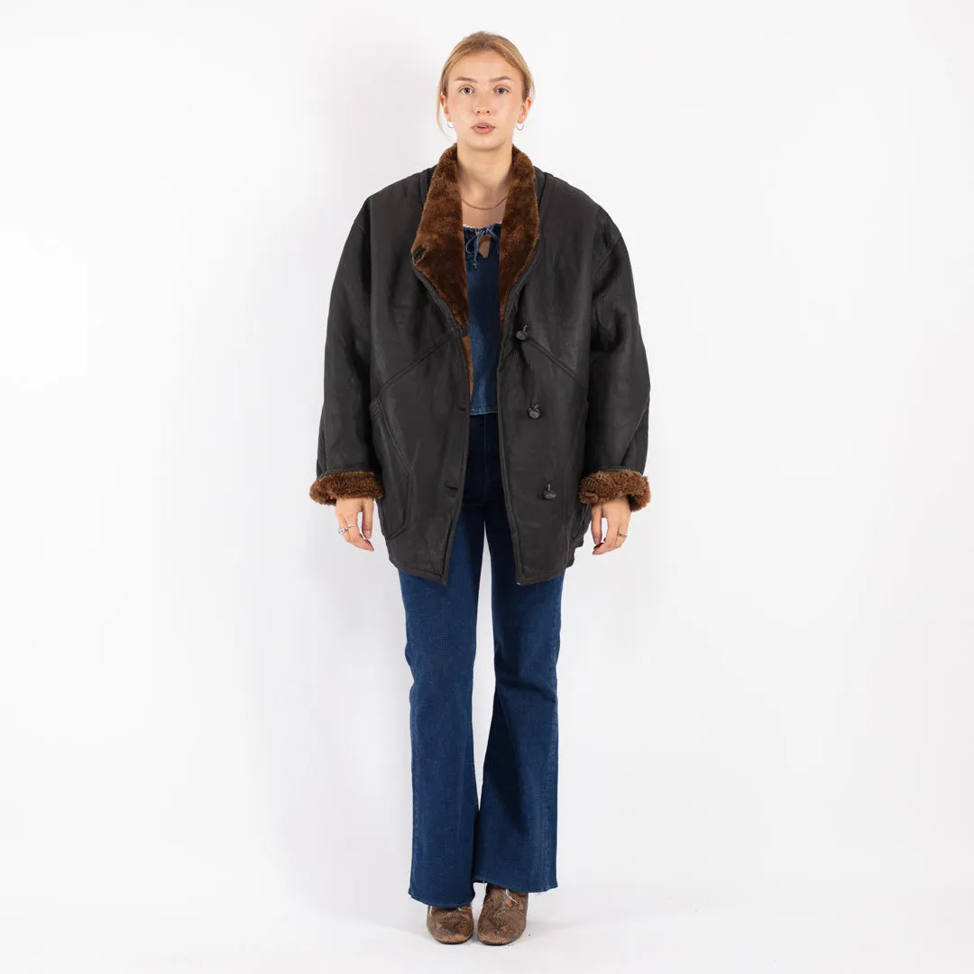 Vintage 80's Women Sheepskin Shearling Coat in Black