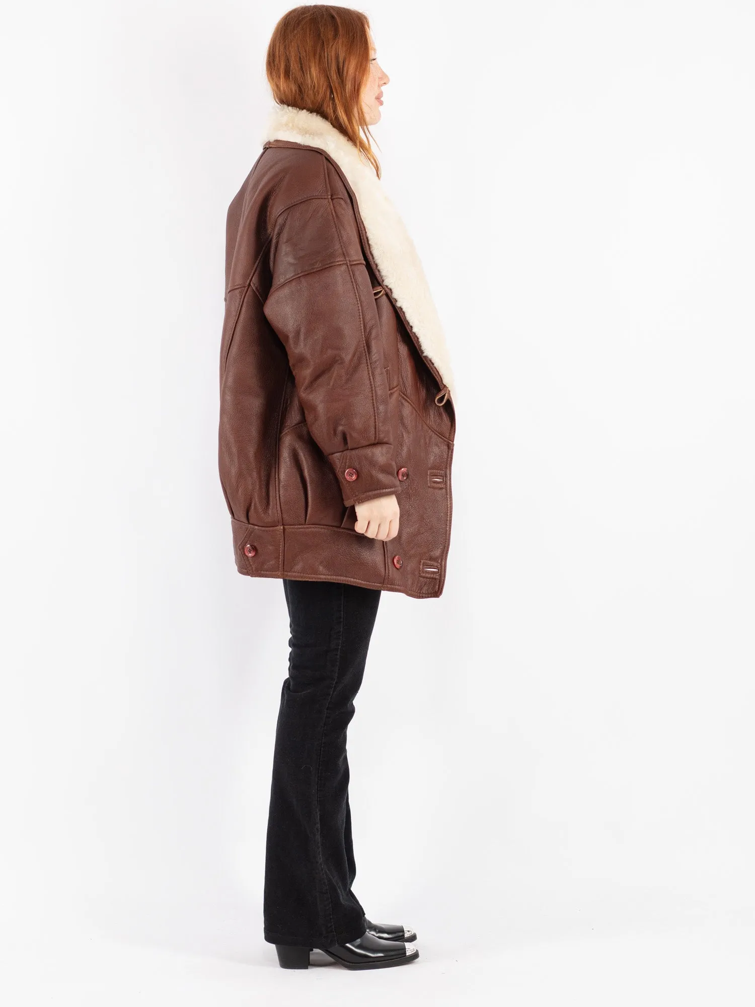 Vintage 80's Women Sheepskin Shearling Coat in Brown