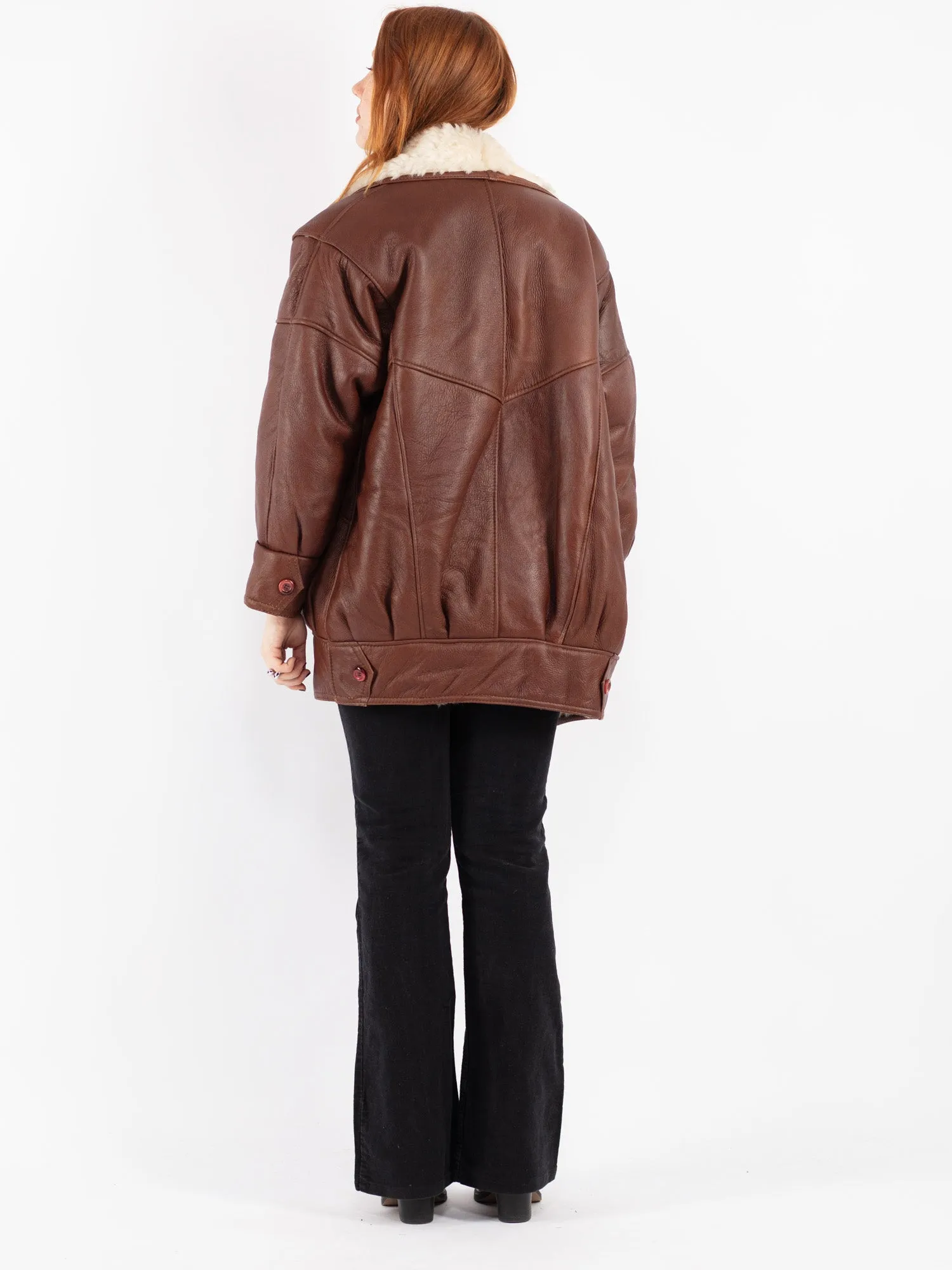 Vintage 80's Women Sheepskin Shearling Coat in Brown