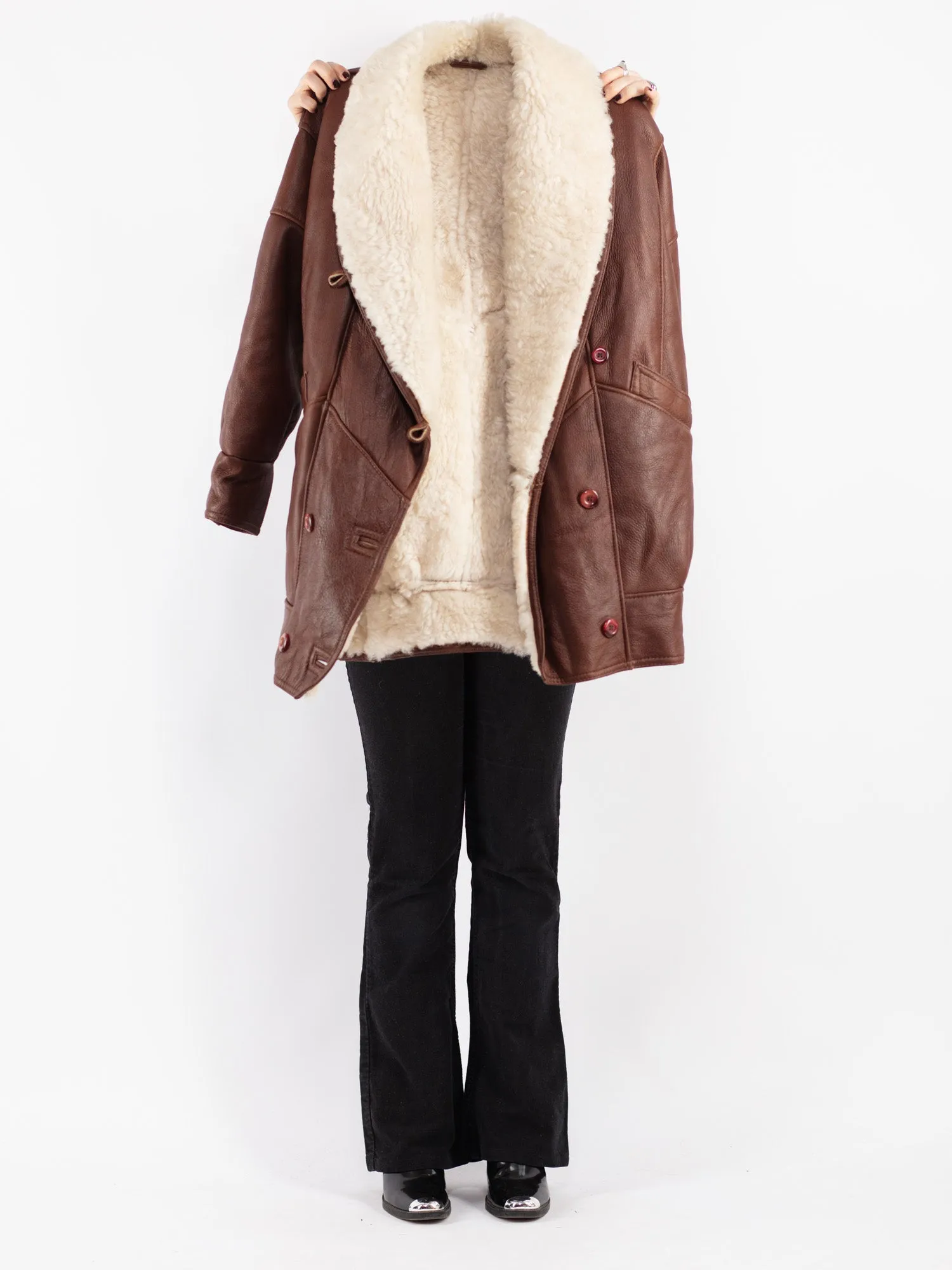 Vintage 80's Women Sheepskin Shearling Coat in Brown