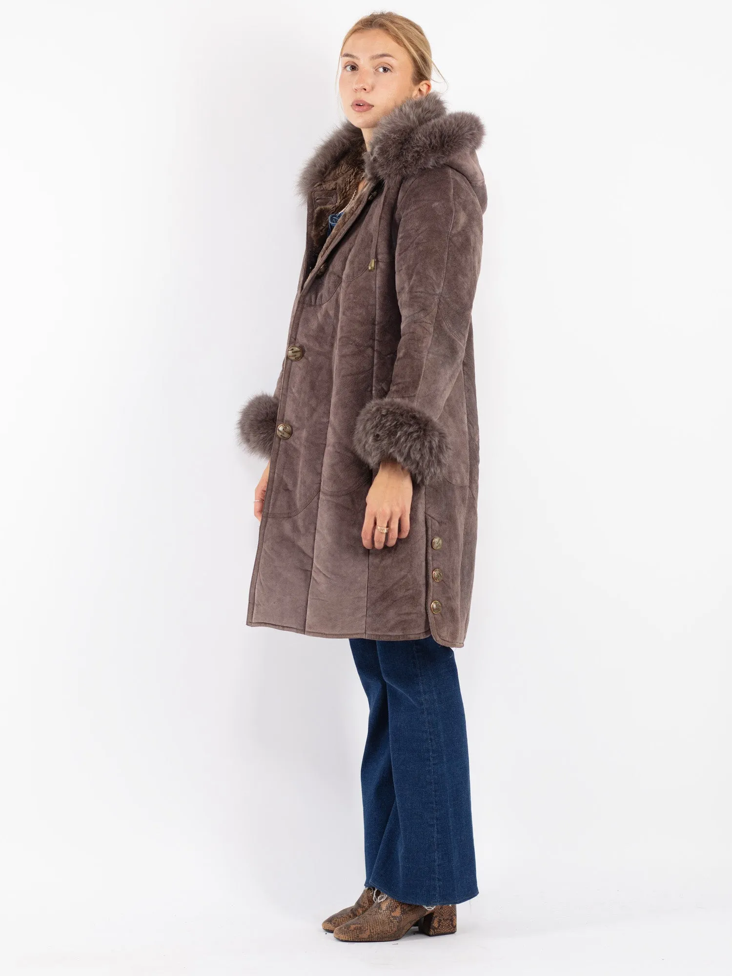 Vintage 90's Women Faux Sheepskin Coat in Brown