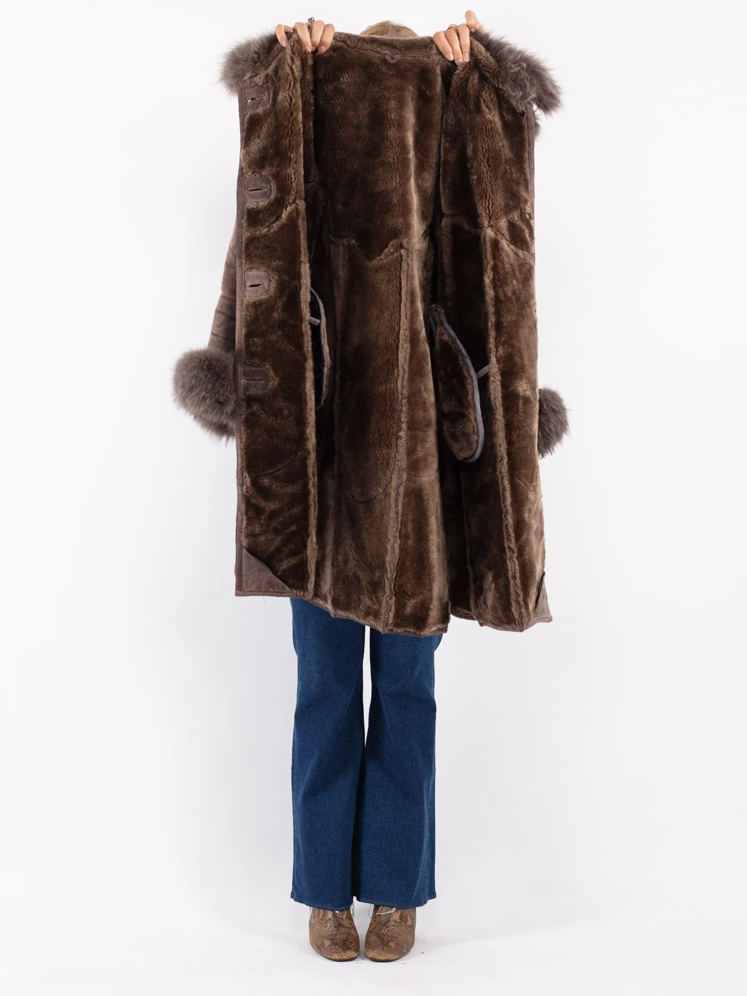 Vintage 90's Women Faux Sheepskin Coat in Brown