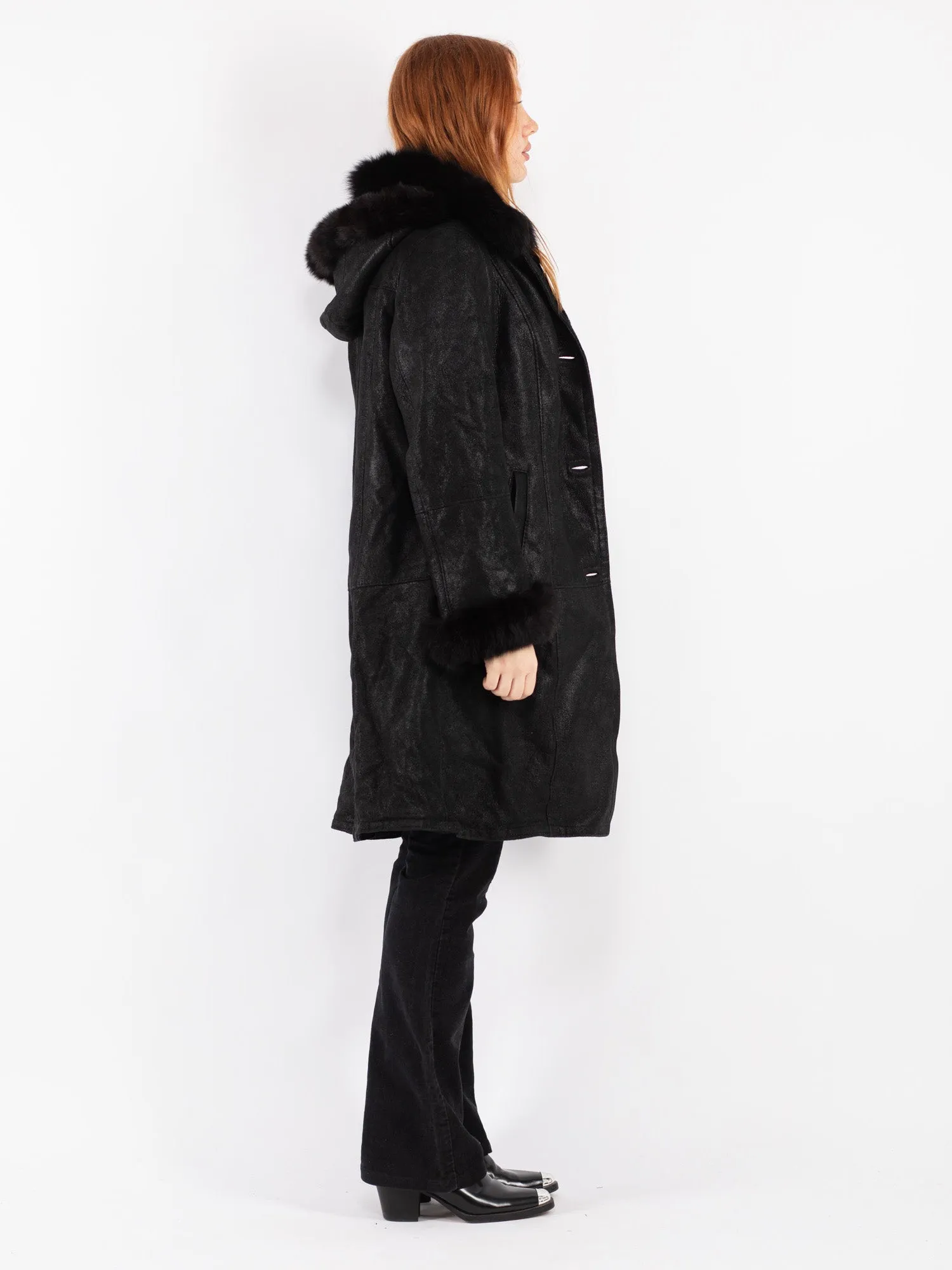 Vintage 90's Women Hooded Sheepskin Coat in Black