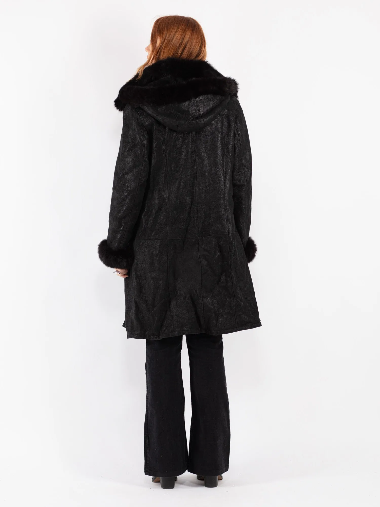 Vintage 90's Women Hooded Sheepskin Coat in Black