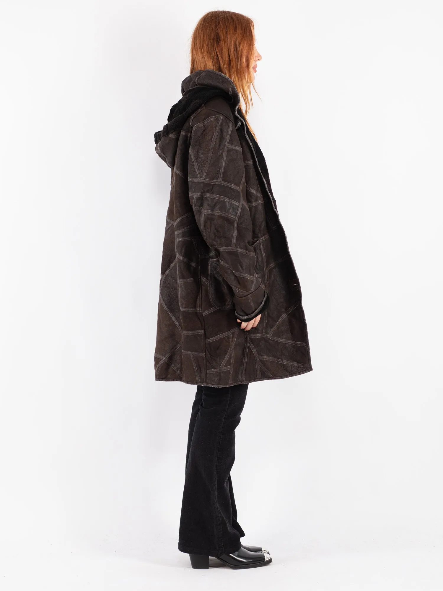 Vintage 90's Women Hooded Sheepskin Coat in Brown