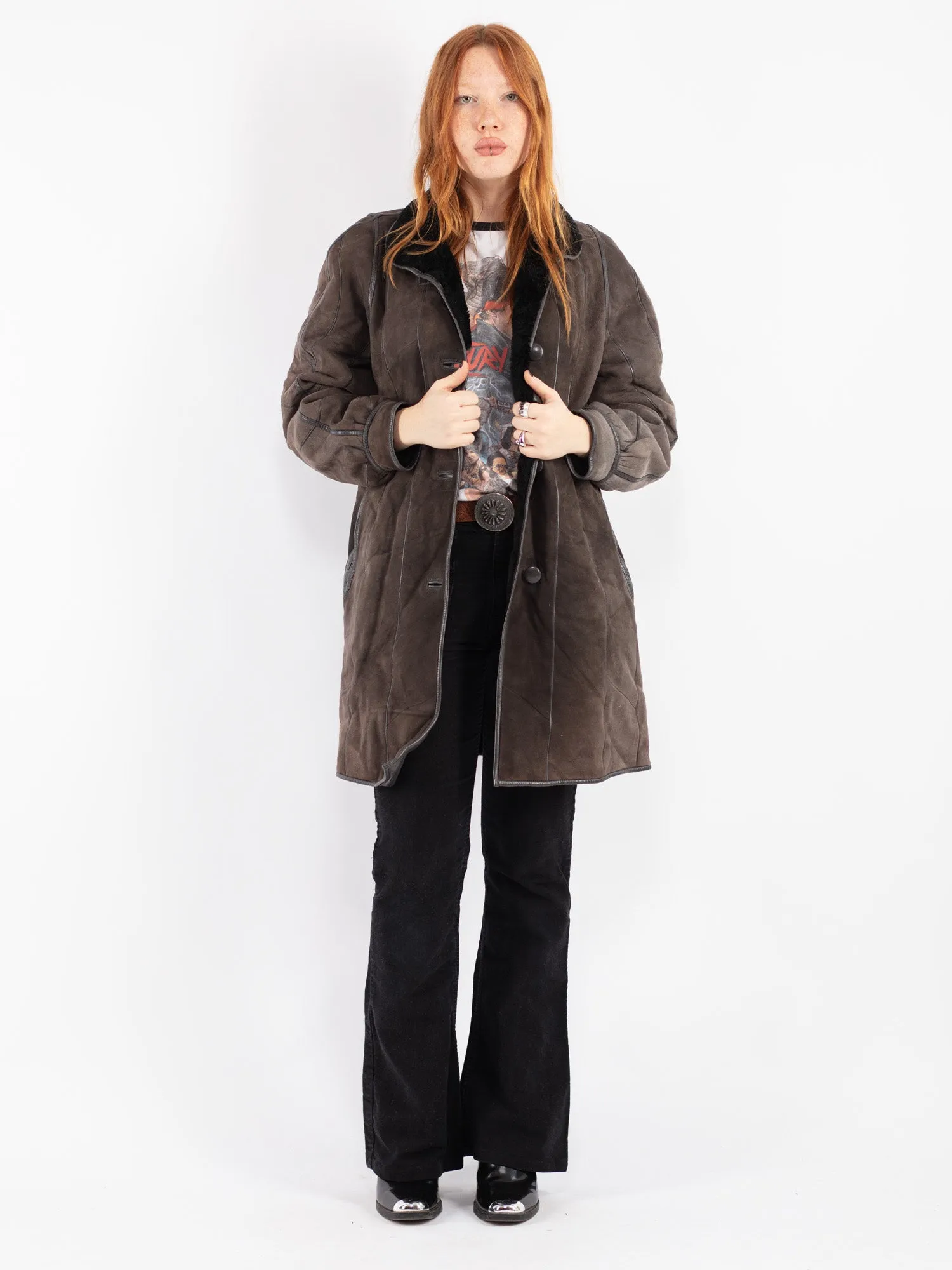 Vintage 90's Women Sheepskin Coat in Gray