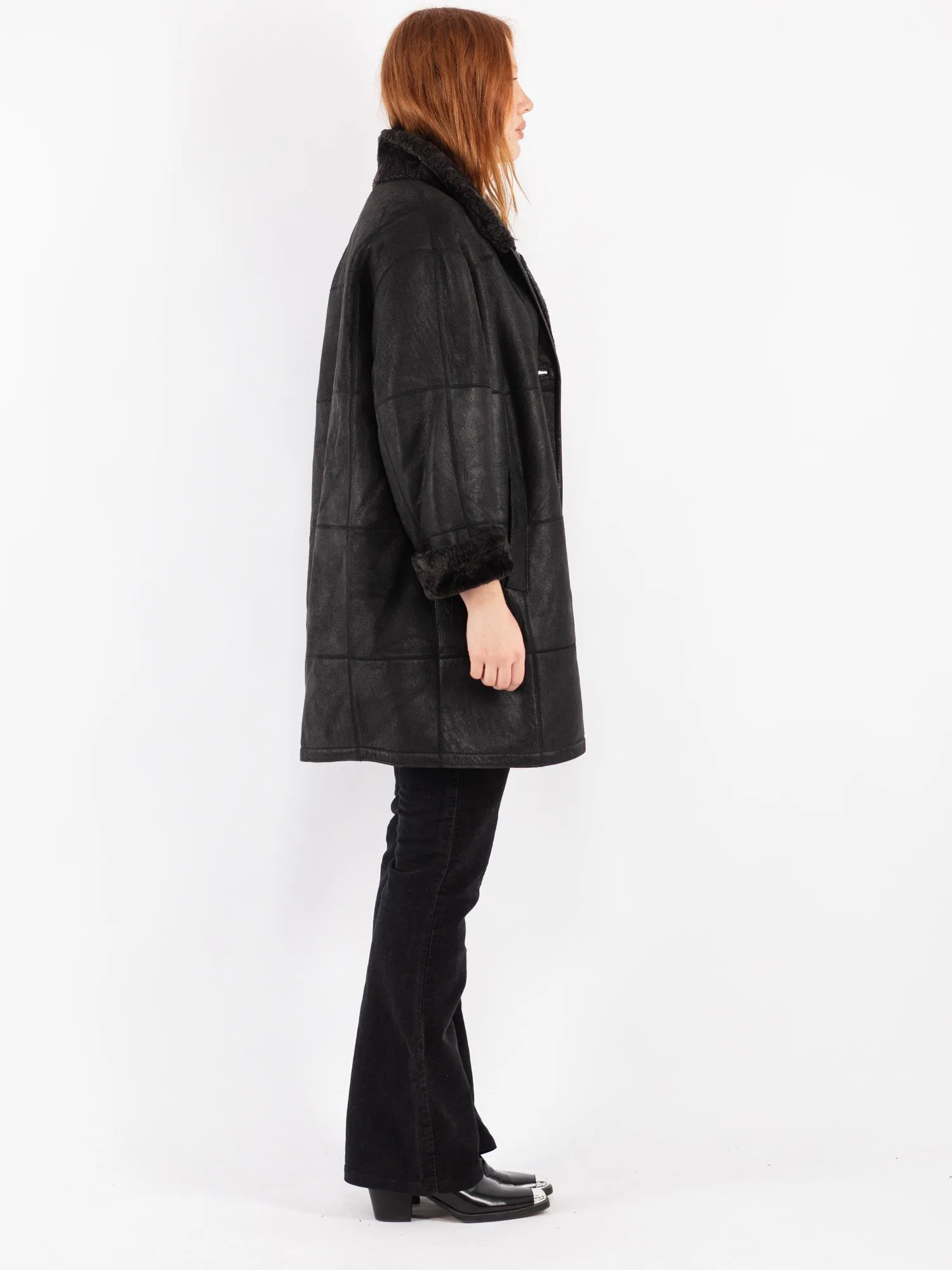 Vintage 90's Women Sheepskin Shearling Coat in Black