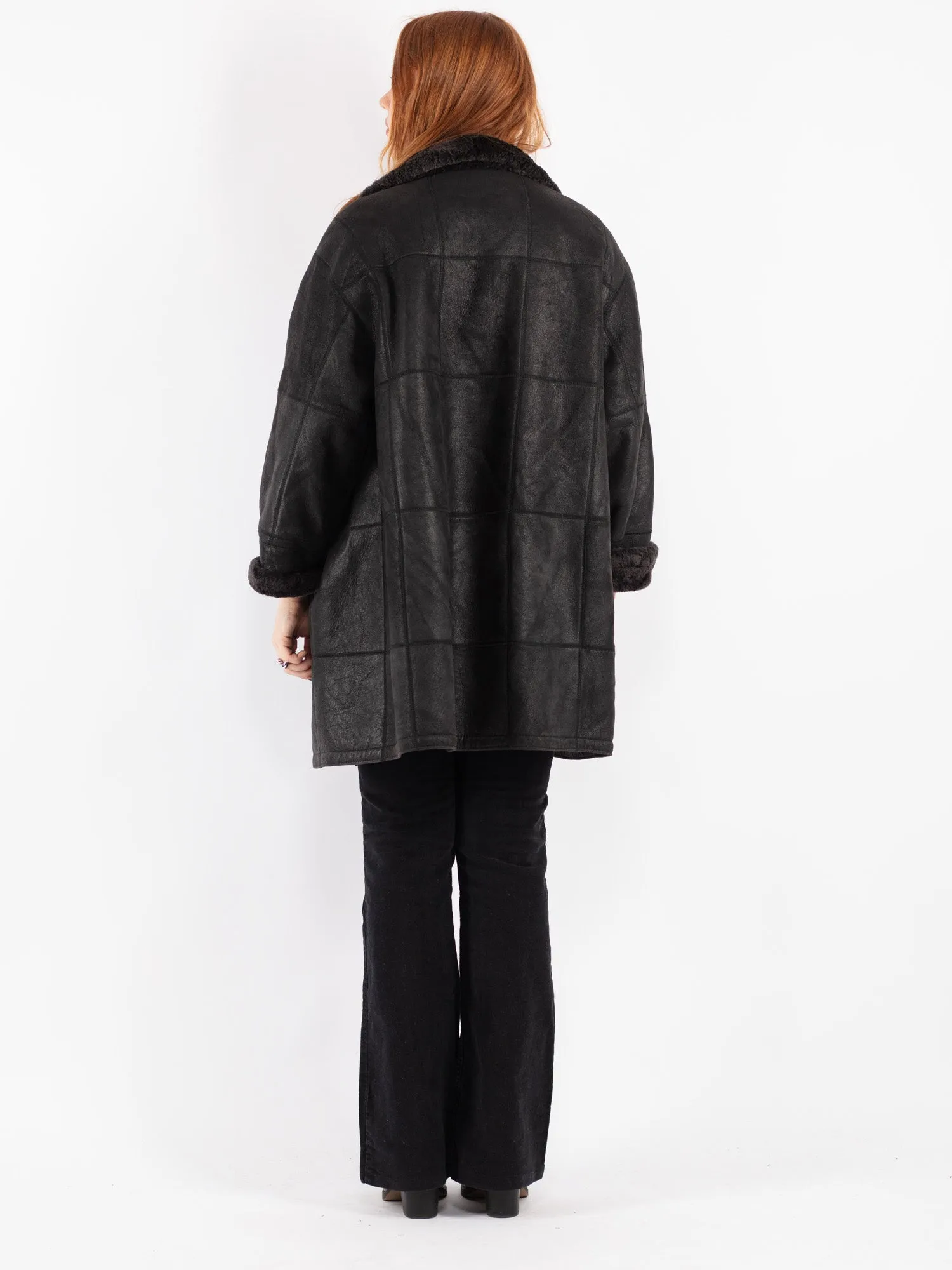 Vintage 90's Women Sheepskin Shearling Coat in Black