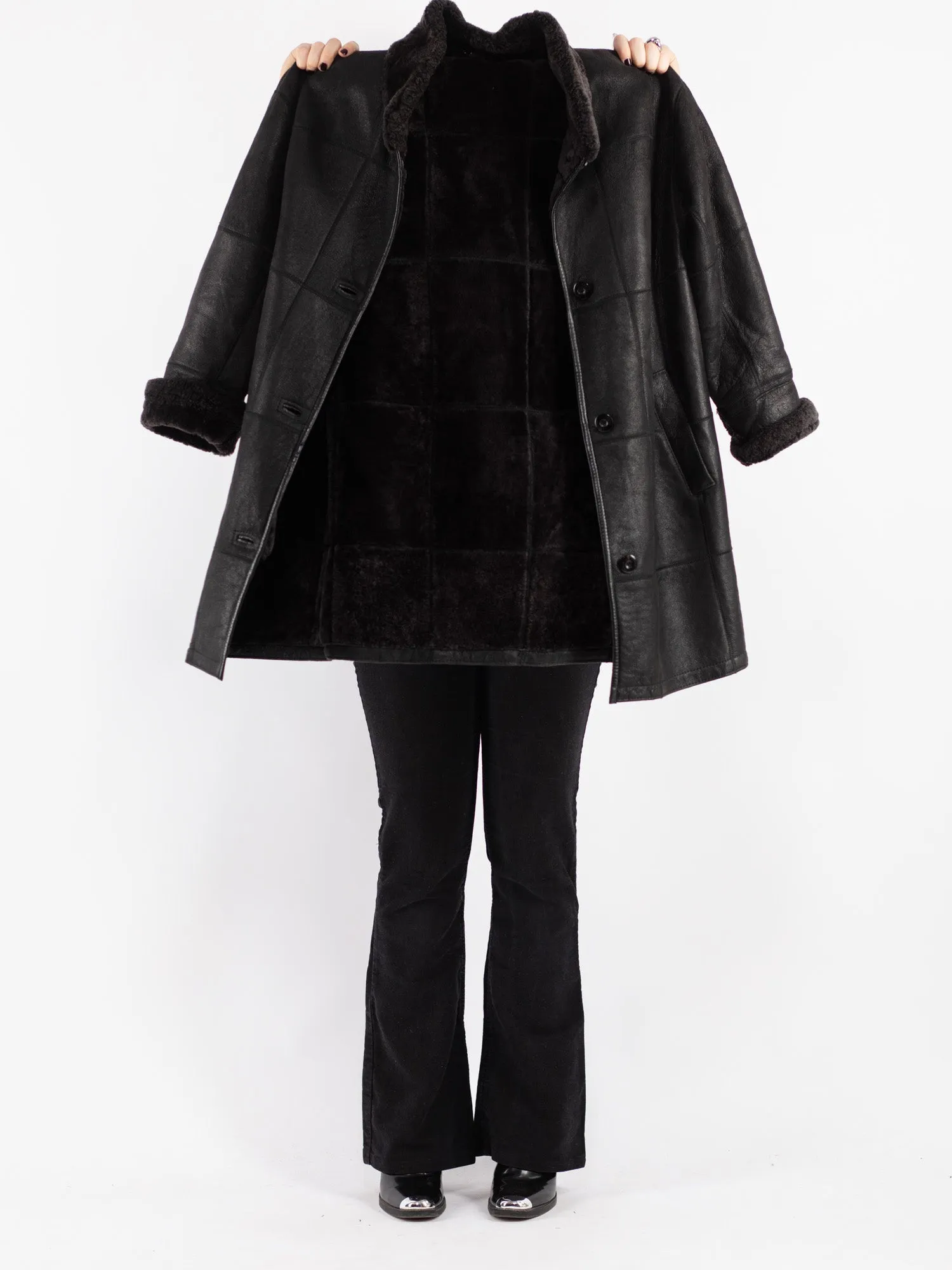 Vintage 90's Women Sheepskin Shearling Coat in Black