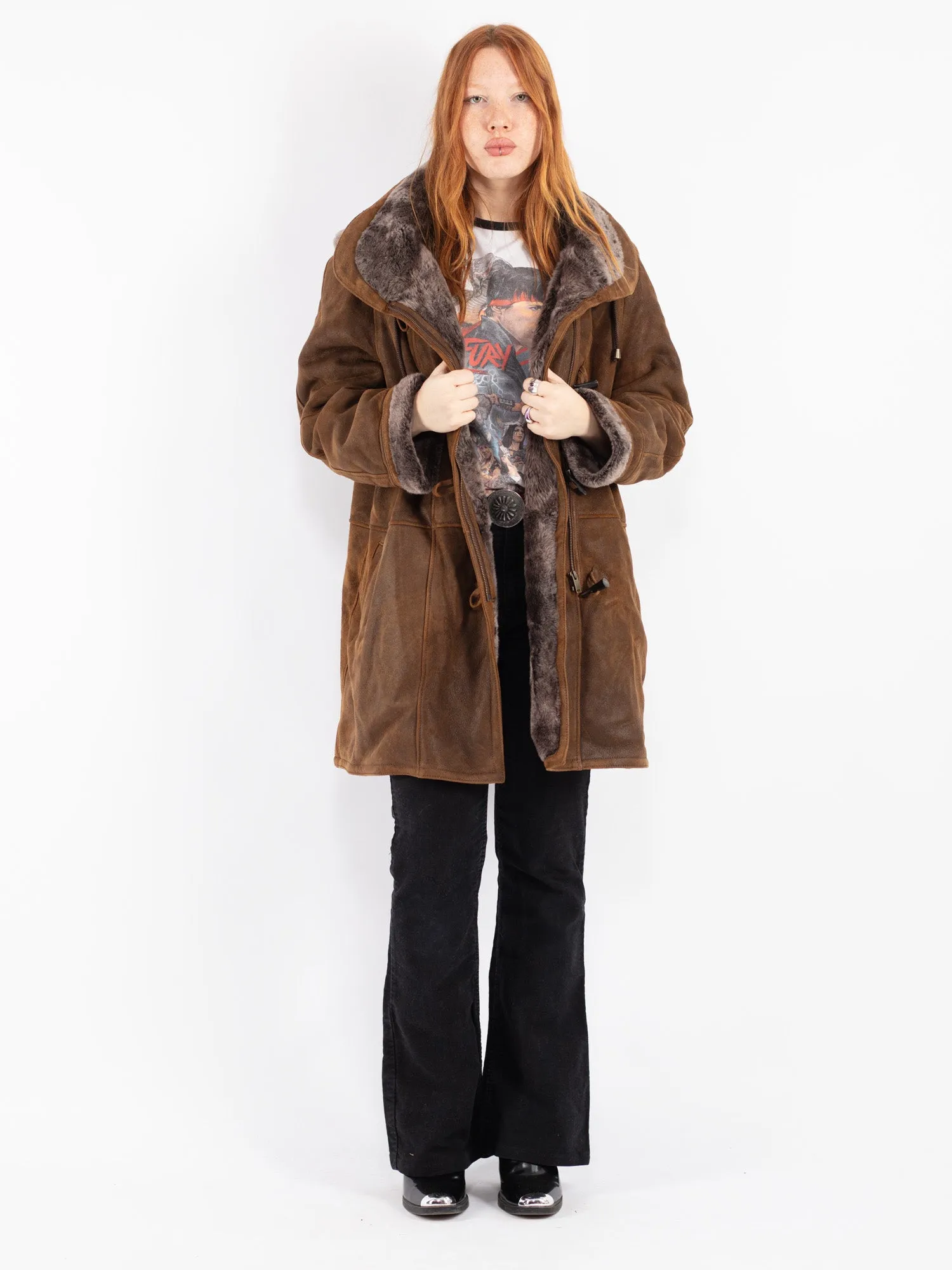 Vintage 90's Women Sheepskin Shearling Coat in Brown