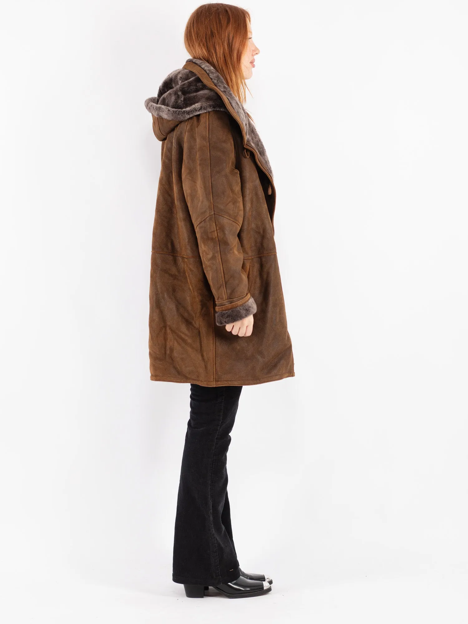 Vintage 90's Women Sheepskin Shearling Coat in Brown