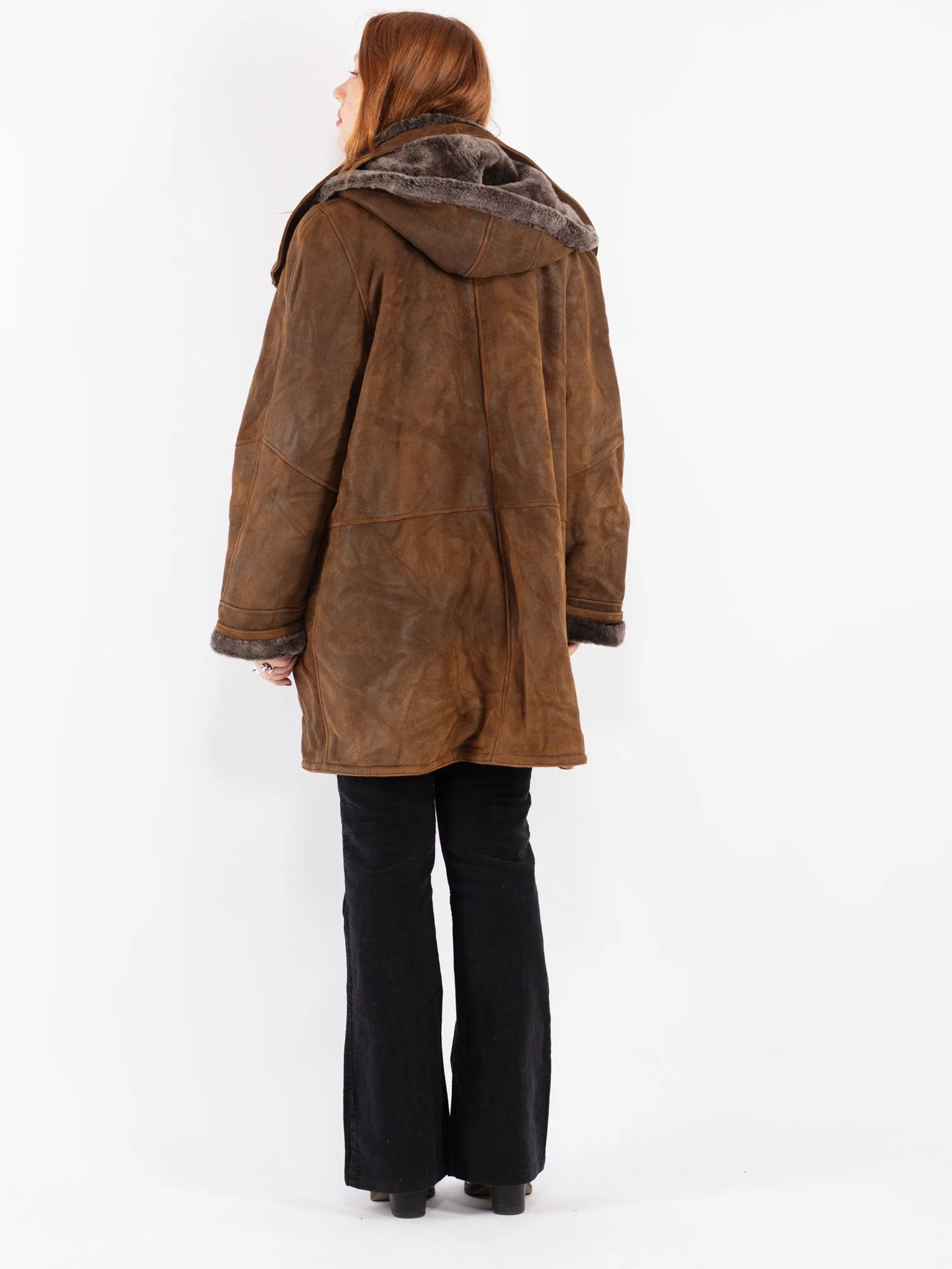 Vintage 90's Women Sheepskin Shearling Coat in Brown