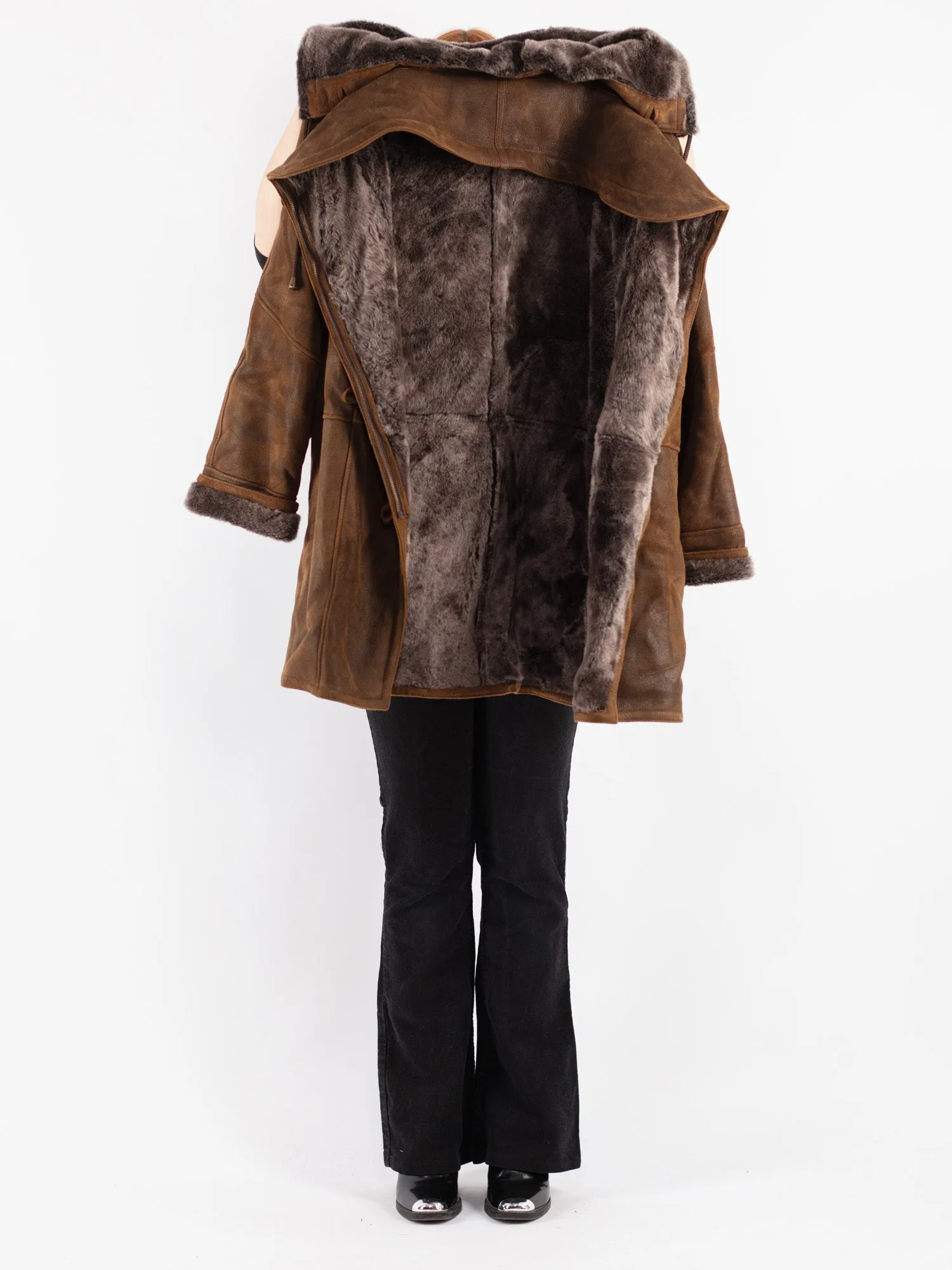 Vintage 90's Women Sheepskin Shearling Coat in Brown