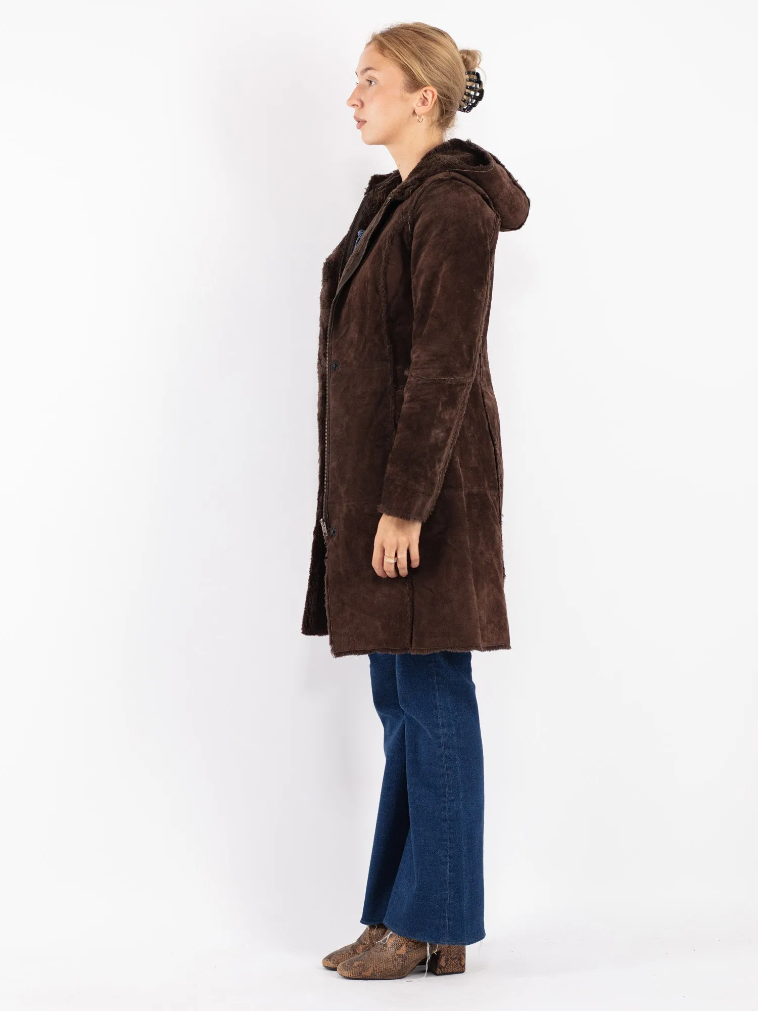 Vintage 90's Women Suede Sherpa Coat in Brown