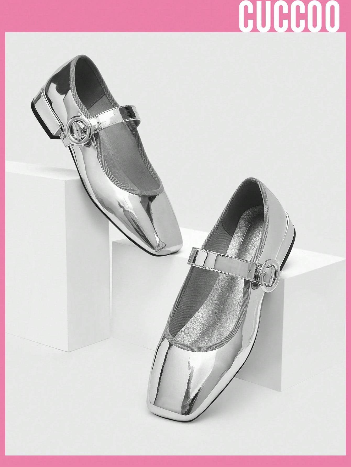 Woman Shoes Fashionable Mary Jane Style Low Heel Shoes With Metallic Silver Look For Spring And Summer