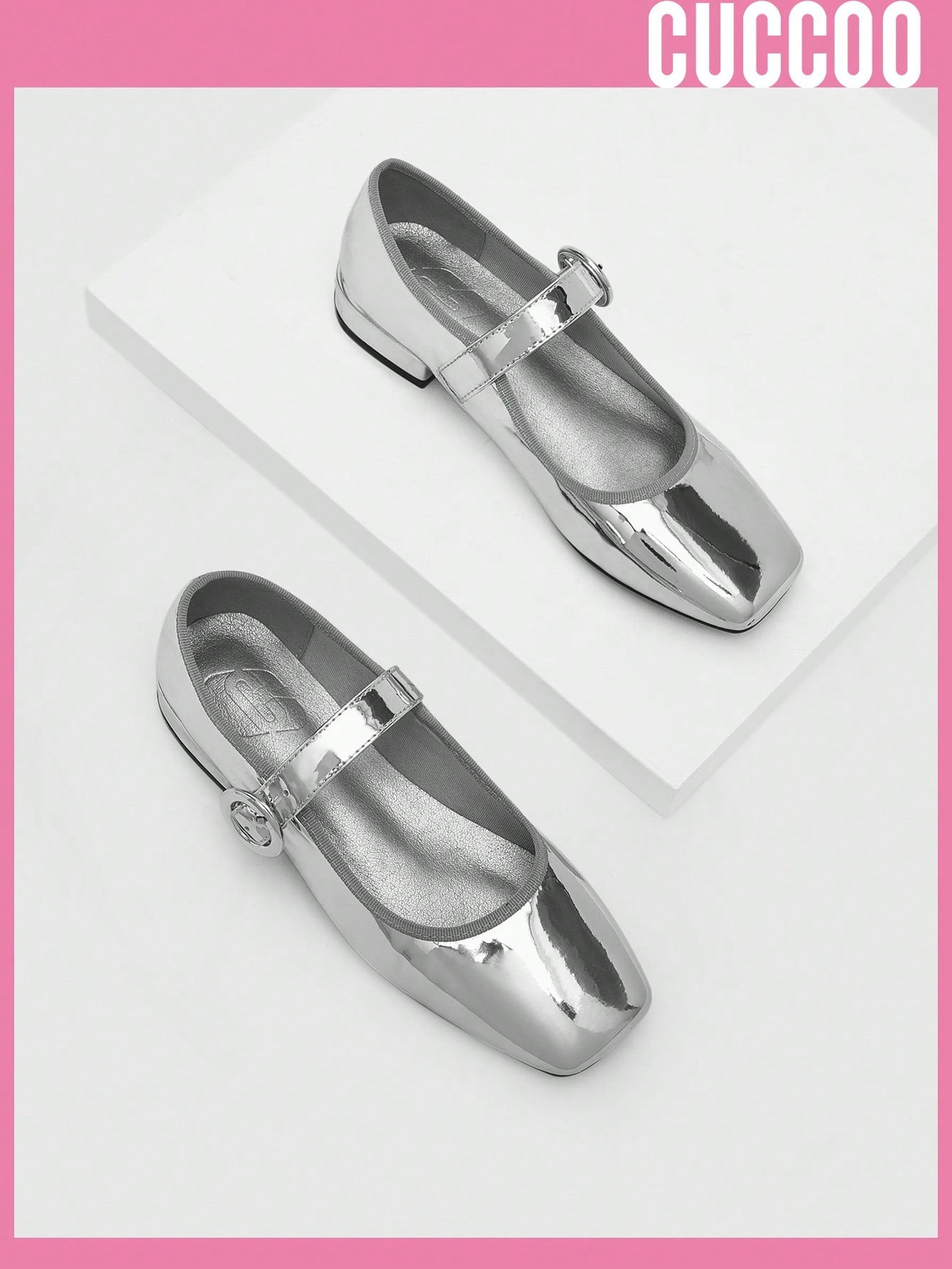 Woman Shoes Fashionable Mary Jane Style Low Heel Shoes With Metallic Silver Look For Spring And Summer