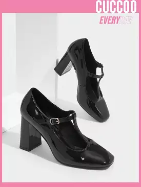 Woman Shoes Shoes Fashionable Black Square Toe Mary Jane High-Heeled Court Shoes For Spring And Summer