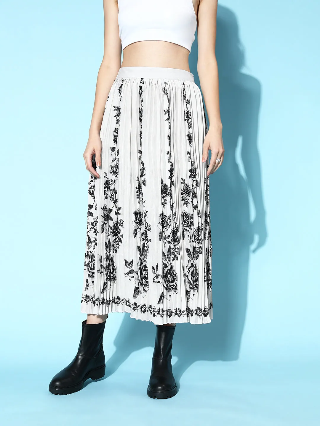 Women Grey Floral Print Pleated Skirt