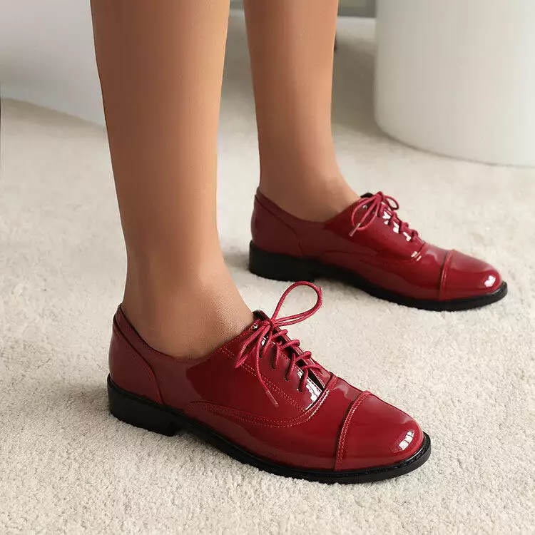 Women's Glossy Round Toe Lace-Up Flat Oxford Shoes