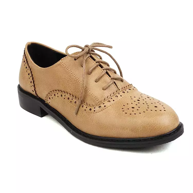 Women's Round Toe Carved Lace-Up Flat Oxford Shoes