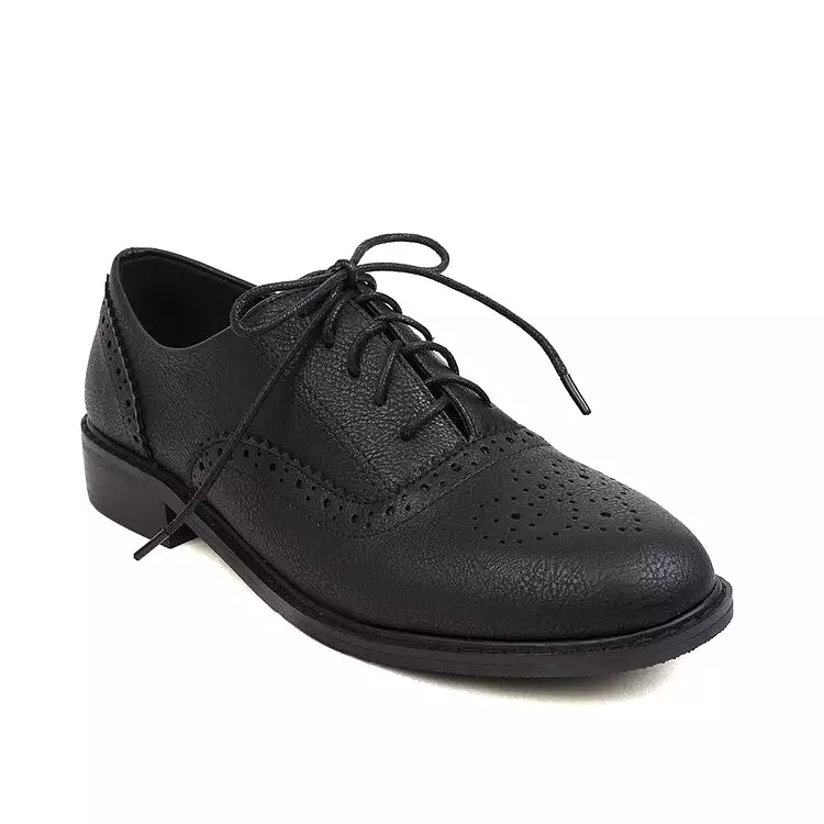 Women's Round Toe Carved Lace-Up Flat Oxford Shoes