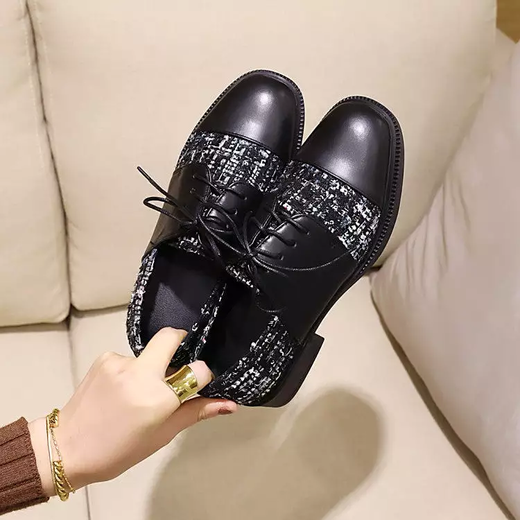 Women's Square Toe Lattice Lace-Up Oxford Shoes