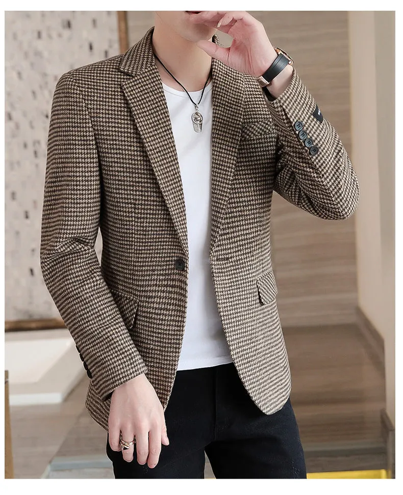 Xituodai Autumn Men Jacket Suit OneButton Classic Houndstooth Korean Style Blazer Non-ironing Mens Wedding Tuxedos Suits Blazer 