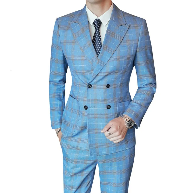 Xituodai Blue Lattice Suits Mens Dress Mens Suits With Pants Club Terno 3-piece Set Trajes De Vestir Para Hombres Double Breaste