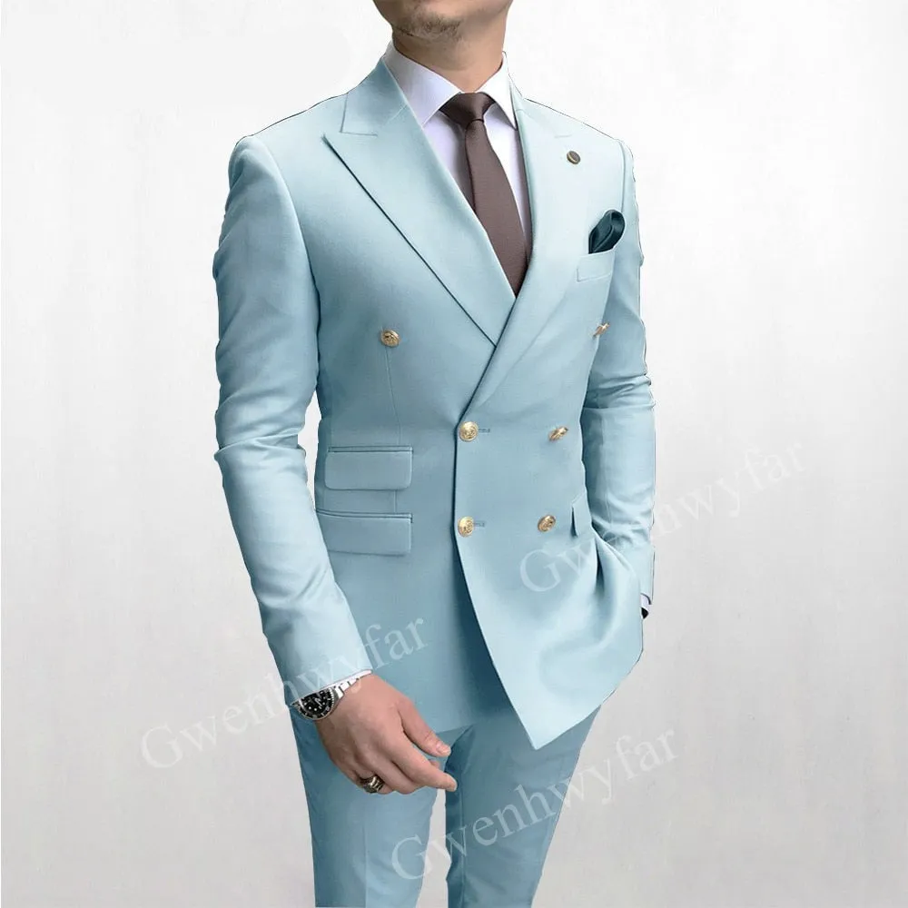 Xituodai Sky Blue Men Suits Double Breasted 2024 Latest Design Gold Button Groom Wedding Tuxedos Best Costume Homme 2 Pieces