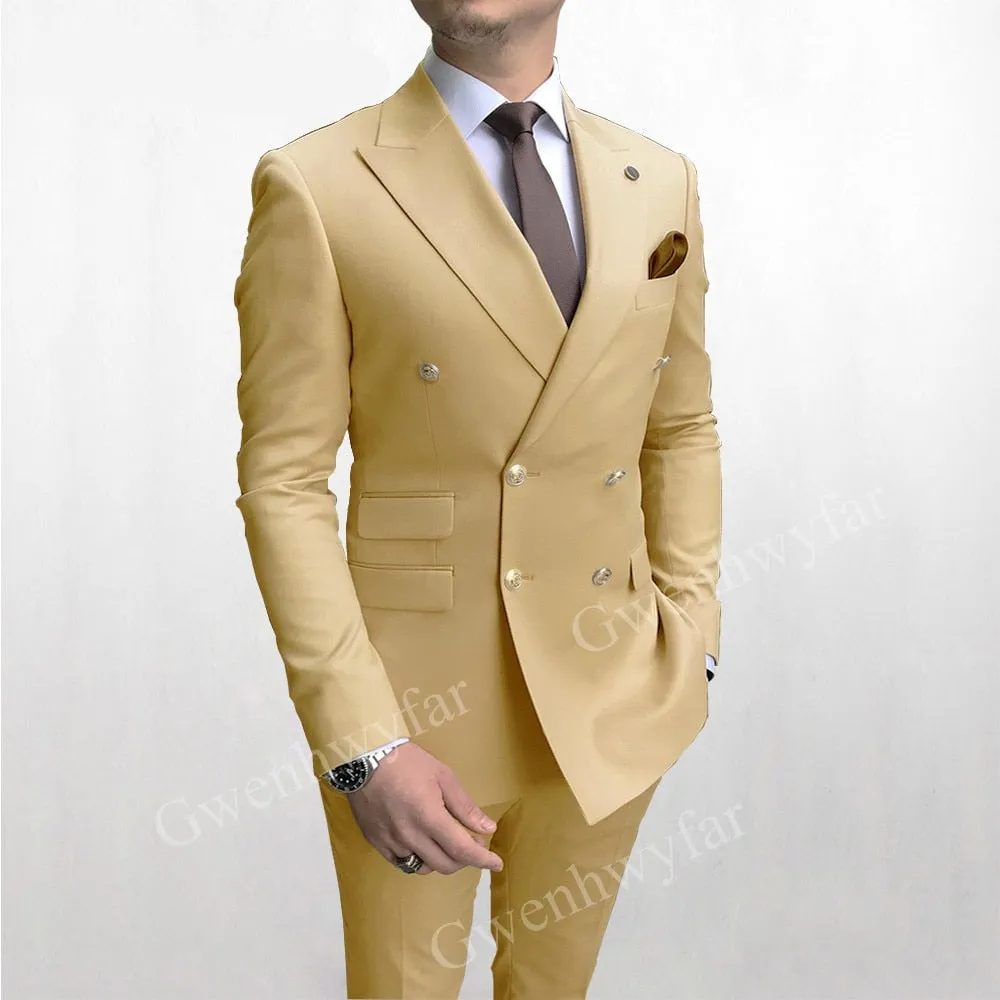 Xituodai Sky Blue Men Suits Double Breasted 2024 Latest Design Gold Button Groom Wedding Tuxedos Best Costume Homme 2 Pieces