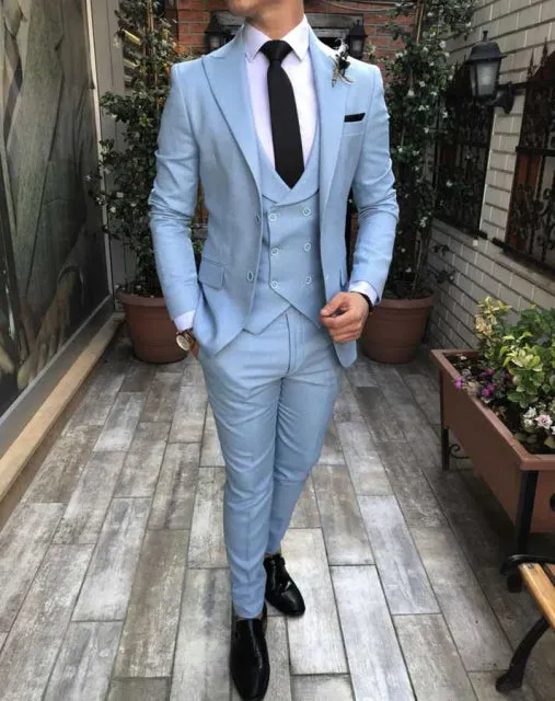 Xituodai Slim Fit Groomsmen One Button Groom Tuxedos Peak Blue Lapel Men Suits Wedding Best Man 3 Pieces ( Jacket+Pants+Vest+Tie